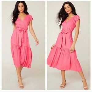 BB Dakota Holding On Tie Waist Tiered Midi Dress In Poppy Size Medium Pink